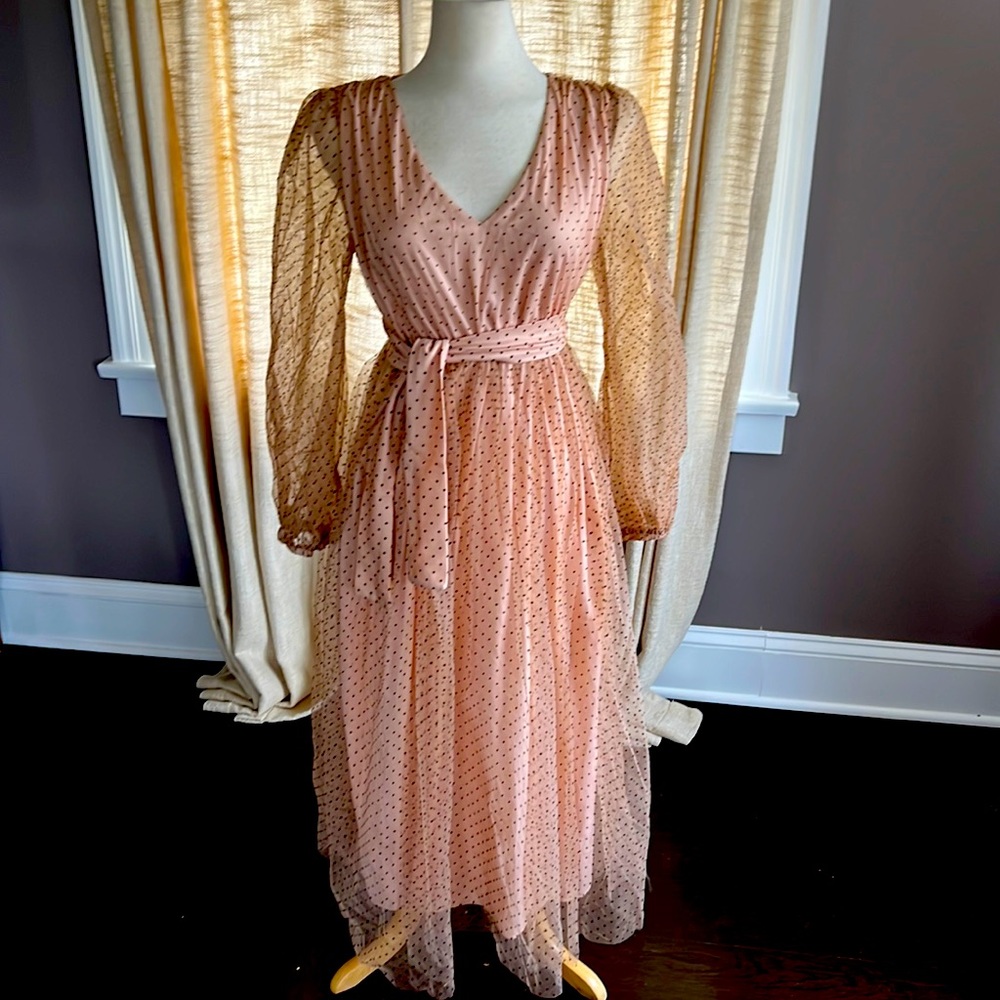 Sheer polka dot belted long sleeve dress, size M